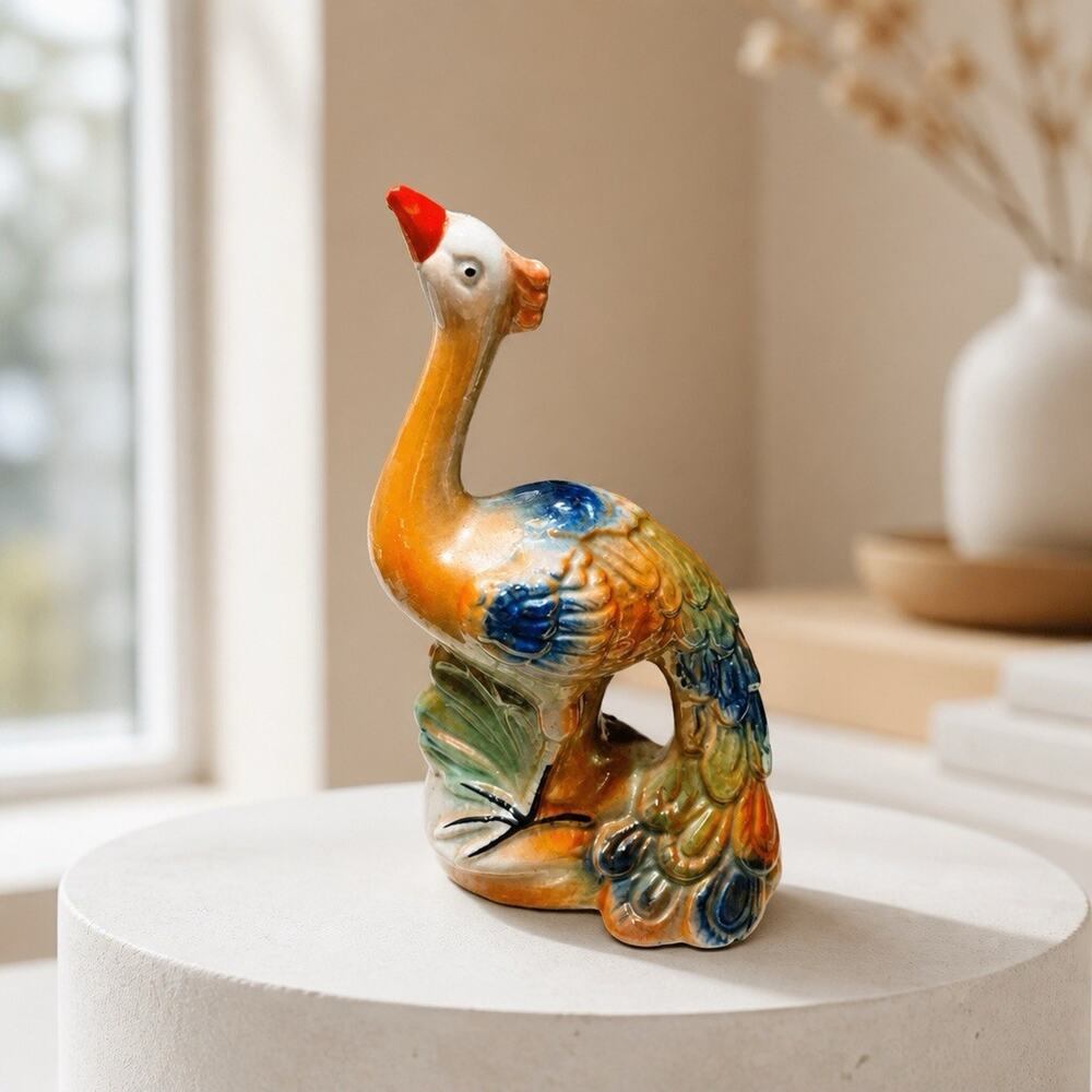 Vintage Peacock Porcelain Lusterware Figurine MCM Colorful 7.5" x 4"
